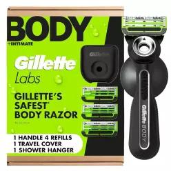 Gillette Labs Body + Intimate Razor 남성용, 핸들 블레이드 리필 4개, 여행용 커버 407037