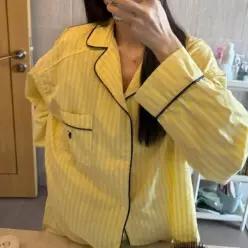[하프클럽/]여성 스트라이프 옐로우 카라 수면 잠옷 파자마 세트