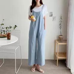 여성 끈나시 와이드 포켓 바스락 솔리드 점프수트 점프슈트 데일리
