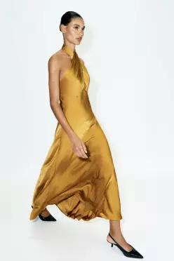 ZARA 자라 새틴 홀터넥 미디 원피스 머스터드 7961 581 305