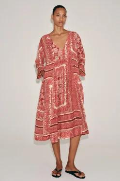 ZARA ZW 컬렉션 패턴 미디 원피스 - 레드 2228/005/600