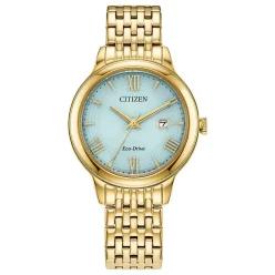 Citizen 여성용 Eco-Drive 드레스 클래식 시계, 골드 톤 스테인리스 스틸 팔찌, 라이트 블루 다이얼, 3 핸