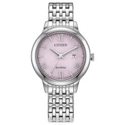 Citizen 여성용 Eco-Drive 드레스 클래식 시계, 실버 톤 스테인리스 스틸 팔찌, 핑크 다이얼, 3 핸드, 날짜