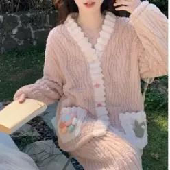 [하프클럽/]플라워 웨이브 극세사 수면 잠옷 세트 여성 겨울 수면 바지 홈웨