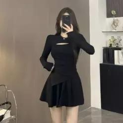 스터닝팩토리 바스트 컷아웃 블랙 긴팔 플레어 투피스 세트 여성원피스 여자원피스 미니원피스