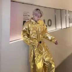 남성용 PU 가죽 골드 실버 오버올 바디수트 바이커 스타일 점프수트 세트 무지 색상 긴팔 파티 무대 의류
