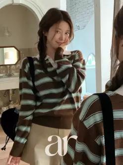 (보풀걱정OFF/보들촉감/여리핏UP) 라일리 배색 스트라이프 펜던트 카라넥 가을니트 nt5236