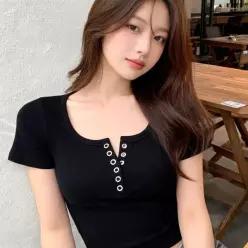 [하프클럽/]크롭 반팔티 단추 상의 여름 데일리룩 20대 여성 여름휴가 나들