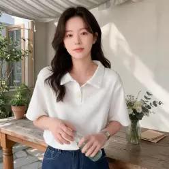 [하프클럽/]여자 반팔 티셔츠 와플 짜임 카라 상의 여름 데일리룩