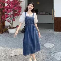 캐주얼 루즈 오버올 드레스 블루 스트랩 청바지 플러스 사이즈 여름 긴 데님 포켓