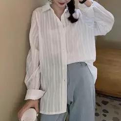 [라일리여성의류] Rly 세로 스트라이프 카라 블라우스 시스루 셔츠 상의