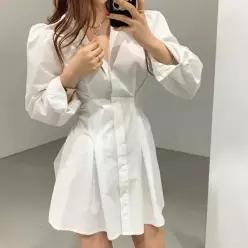 [MENOV73K_4A]카라 반팔원피스 단추 미니원피스 허리밴딩