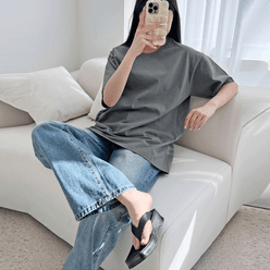 [리빌모아]여자 오버핏 맨투맨 라운드 반팔 티셔츠 DJW-TSH-SKQQ006W-블랙