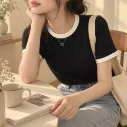 [하프클럽/]배색 반팔티 봄 여름 데일리 티셔츠 여자 상의 라운드