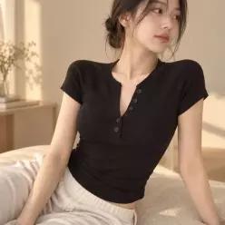 [하프클럽/]티셔츠 골지 캡소매 반팔 세미크롭 슬림핏 상의 여성