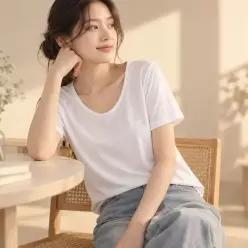 [하프클럽/]반팔티 기본 여름 티셔츠 옆 절개 U넥 상의 여성