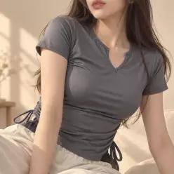 [하프클럽/]셔링 티셔츠 여성 U넥 무지 스판 반팔티 슬림핏