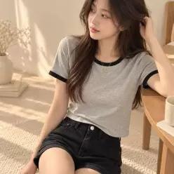 [하프클럽/]반팔티 세미 크롭 여름의류 스판 랍빠 티셔츠 여성