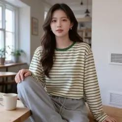 [하프클럽/]여성 긴팔 티셔츠 루즈핏 스트라이프 가을 상의 데일리룩 출근