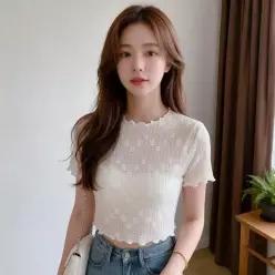 [하프클럽/]라운드넥 시스루 플라워 크롭반팔티 프릴 꽃무늬 티셔츠 여름