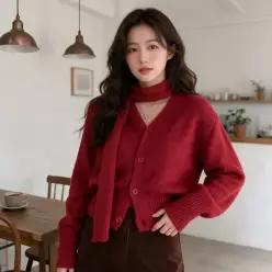 [하프클럽/]브이넥 가디건 니트 스카프 환절기 데일리룩 상의 아우터 차림