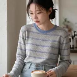[하프클럽/]단가라 니트 티셔츠 줄무늬 긴팔 상의 봄 가을 데일리룩 캐주얼