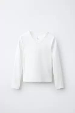 ZARA 브이넥 리브드 티셔츠 - 화이트 3253/702/250 536612