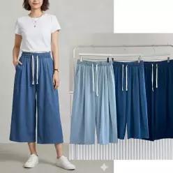 여성 여름 통 찰랑 7부 청바지 아이스 텐셀 스판 와이드 통 밴딩 데님 팬츠