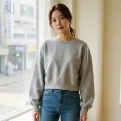 여자 세미크롭 무 맨투맨 라운드넥 기본티 루즈핏 긴팔 티셔츠