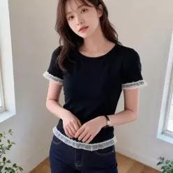 [하프클럽/]레이스 반팔 티셔츠 슬림핏 레이어드 블라우스 여름 데일리룩