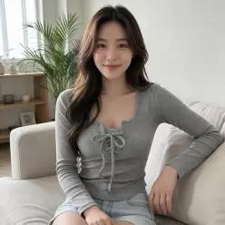 [하프클럽/]가슴스트링 유넥 티셔츠 레이스업 슬림핏 둥근밑단 상의 데일리