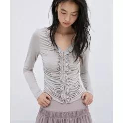 미치코런던코시노 러플 셔링 버튼 탑 애쉬