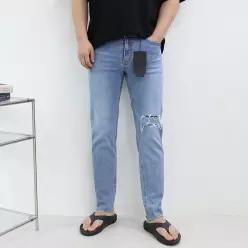 [엠클로]남자 빅사이즈 슬림핏 히든밴딩 찢청 9부 크롭 스판 데님 청바지