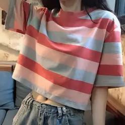 [라일리여성의류] Rly 스트라이프 크롭 반팔 여성 박스 티셔츠 53299872)
