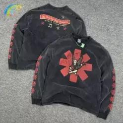 올 시즌 밴드 프린트 빈티지 워시 블랙 손상된 홀 세인트 긴 소매 티셔츠 남성 여성 streetwear 오버