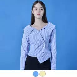 콜릿 KOLEAT 미디 크롭 랩 오프숄더 슬림 스트라이프 긴팔 셔츠 [2colors]