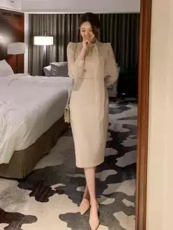 (국내제작) 완벽한 바디 라인 타이넥 쉬폰 배색 H라인 슬림핏 미디 가을원피스 op13079
