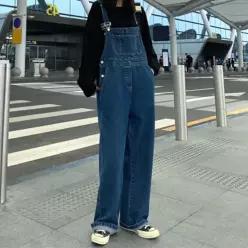 여성 와이드 데님 멜빵 점프수트 캐주얼 팬츠 진청