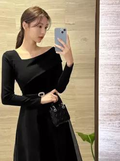 (하객원피스) 오간자 배색 언발 오프숄더 블랙 미니원피스 연말룩 파티룩 하객룩 op14498