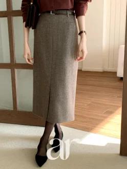 울함유 (MADE/브랜드퀄리티/울소재/벨트세트) 넬라 울 기모 헤링본 벨트 롱 펜슬 스커트 sk6633