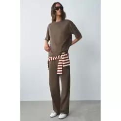ZARA STRAIGHT 스트레이트-LEG 레그 COTTON 온 코튼 TROUSERS 트라우저스 바지 팬츠 - Mink 밍크 4174/630/