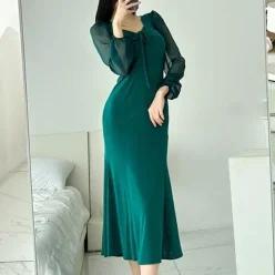 [브이와이][VY] 여자 인어공주 잔주름 30대 리본 시스루소매 롱원피스_15123006_