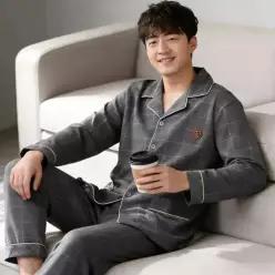 남성 파자마 춘추용 중년 아버지용 긴팔 순면 넉넉한 얇은 스타일 큰사이즈 홈웨어 세트