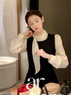 (반목블라우스) 펄 타이 리본 반하이넥 블라우스 하객룩 오피스룩 봄코디 bs8544