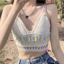[라일리여성의류] Rly 슬리브리스 브이넥 상의 나시 태슬 휴양지 바캉스
