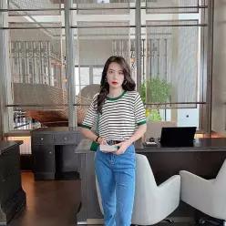 [라일리여성의류] Rly 여성 반팔 니트 배색 스트라이프 여름 상의