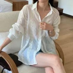 옷자락 여자 시스루 투웨이 버튼 랩 자수 박시핏 긴팔 셔츠1341183