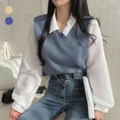 [하프클럽/]여성 블라우스 조끼 페이크 긴팔 티숙 URK419 남자 나시 티 S 반팔