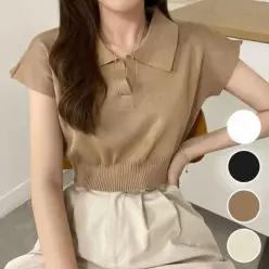 [하프클럽/]여성 크롭티 셔츠 하객 피로연 데일리 피케 반팔 프리
