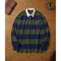 BRONSON Classic Fit Striped Jersey Rugby Shirt Green/Navy/Red